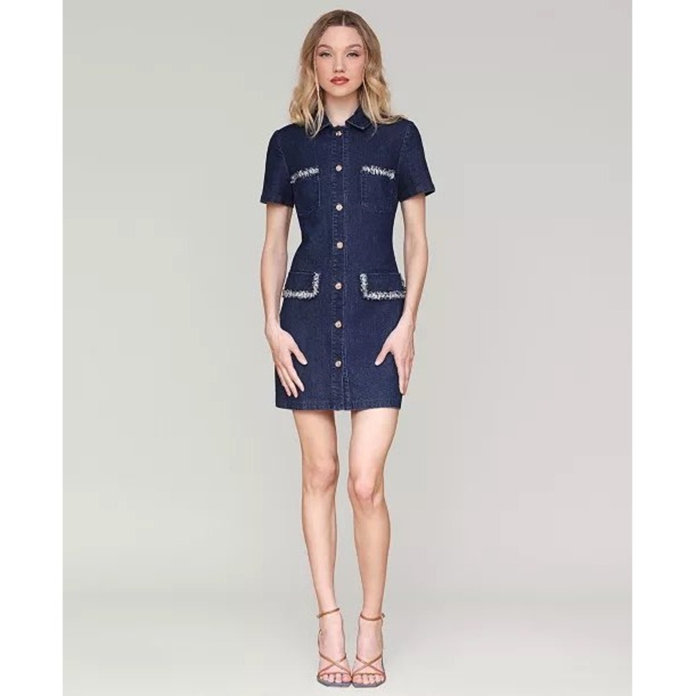 Avec Les Filles Denim Mini Dress Greenwich Wash Tweed Trim Gold Buttons Size 8